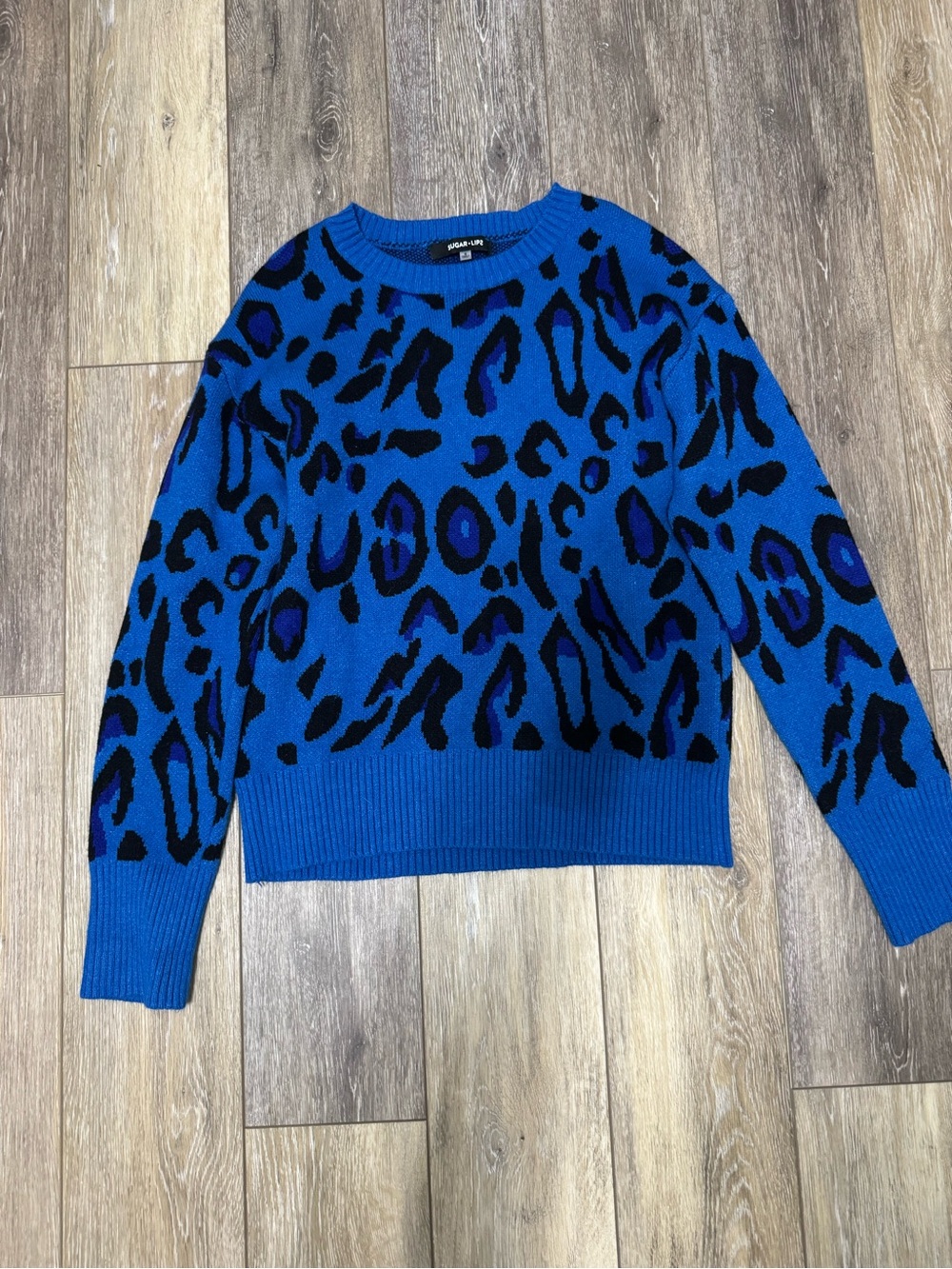 Sugarlips Royal Blue and Black Leopard Crewneck Sweater